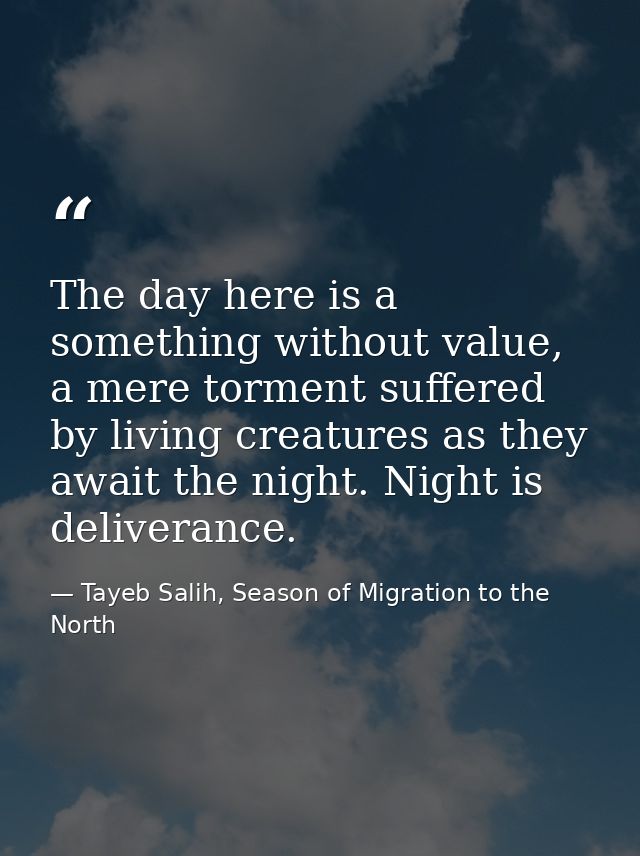 The day here is a something without value, a mere torment suffered by living creatures as they await the night. Night is — Tayeb Salih, Season of Migration to the North