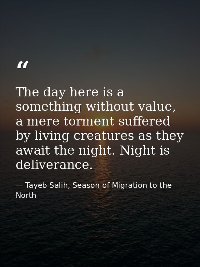 The day here is a something without value, a mere torment suffered by living creatures as they await the night. Night is — Tayeb Salih, Season of Migration to the North