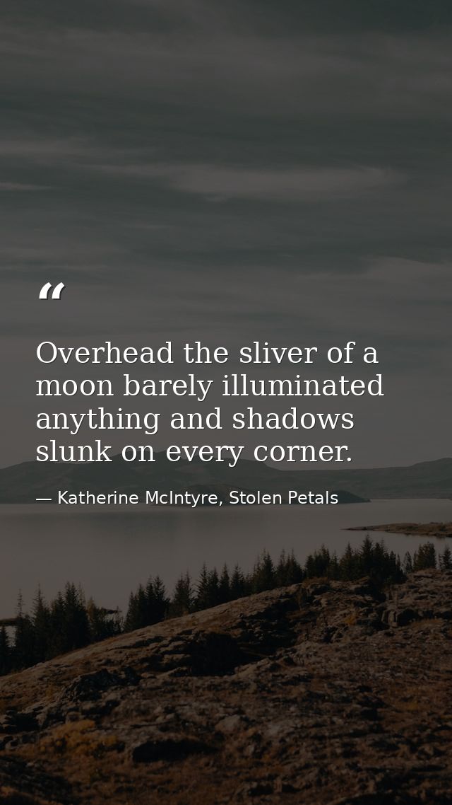 Overhead the sliver of a moon barely illuminated anything and shadows slunk on every corner. — Katherine McIntyre, Stolen Petals