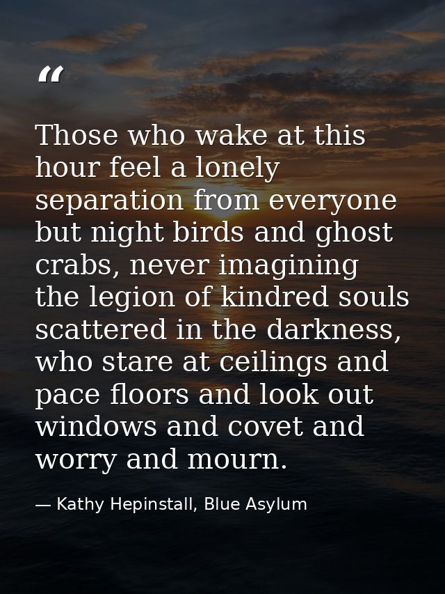 Those who wake at this hour feel a lonely separation from everyone but night birds and ghost crabs, never imagining the  — Kathy Hepinstall, Blue Asylum