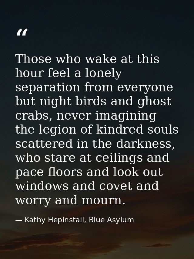 Those who wake at this hour feel a lonely separation from everyone but night birds and ghost crabs, never imagining the  — Kathy Hepinstall, Blue Asylum