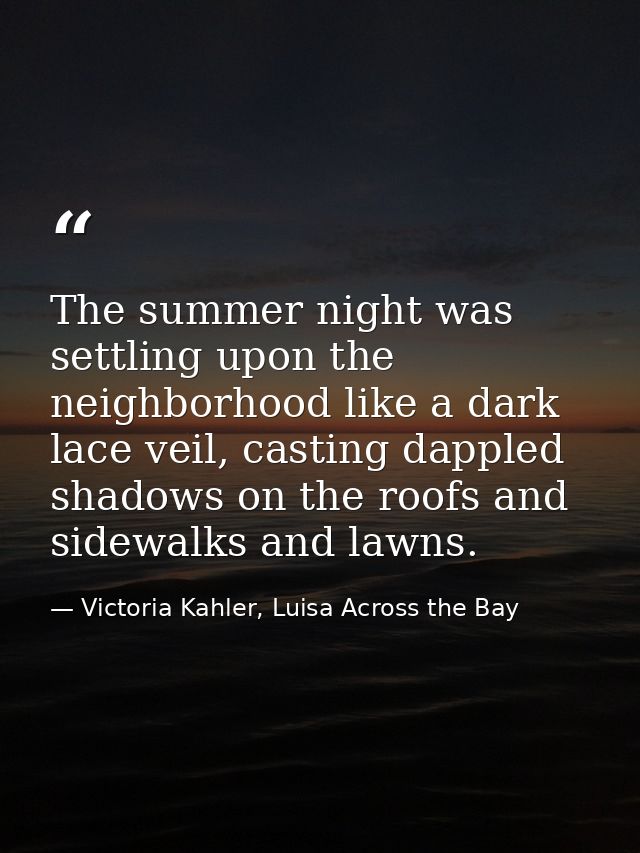 The summer night was settling upon the neighborhood like a dark lace veil, casting dappled shadows on the roofs and side — Victoria Kahler, Luisa Across the Bay