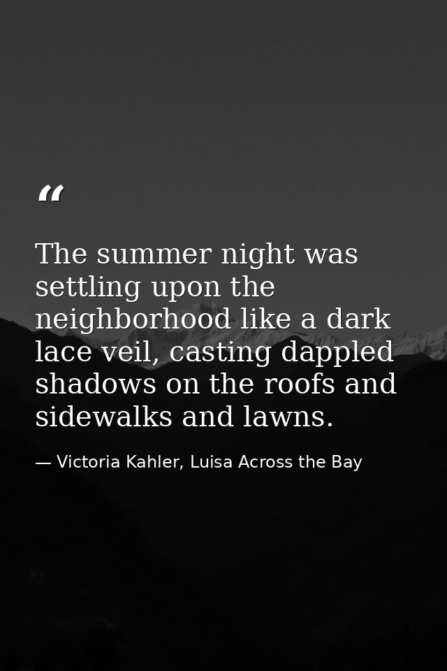 The summer night was settling upon the neighborhood like a dark lace veil, casting dappled shadows on the roofs and side — Victoria Kahler, Luisa Across the Bay