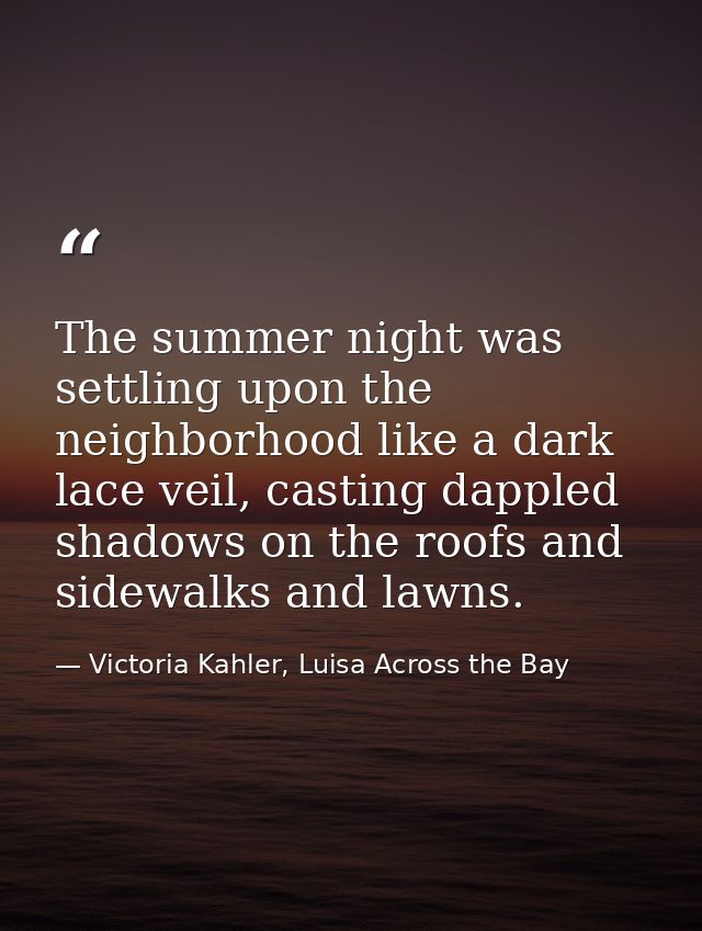 The summer night was settling upon the neighborhood like a dark lace veil, casting dappled shadows on the roofs and side — Victoria Kahler, Luisa Across the Bay