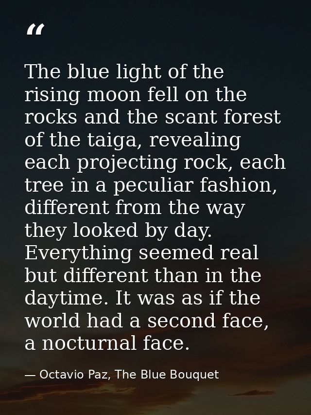 The blue light of the rising moon fell on the rocks and the scant forest of the taiga, revealing each projecting rock, e — Octavio Paz, The Blue Bouquet