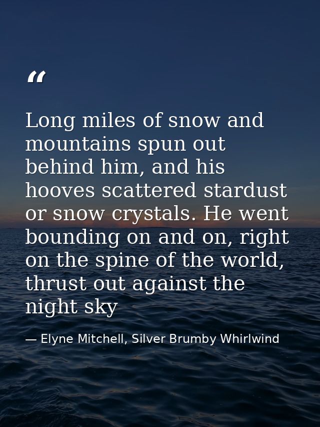 Long miles of snow and mountains spun out behind him, and his hooves scattered stardust or snow crystals. He went boundi — Elyne Mitchell, Silver Brumby Whirlwind