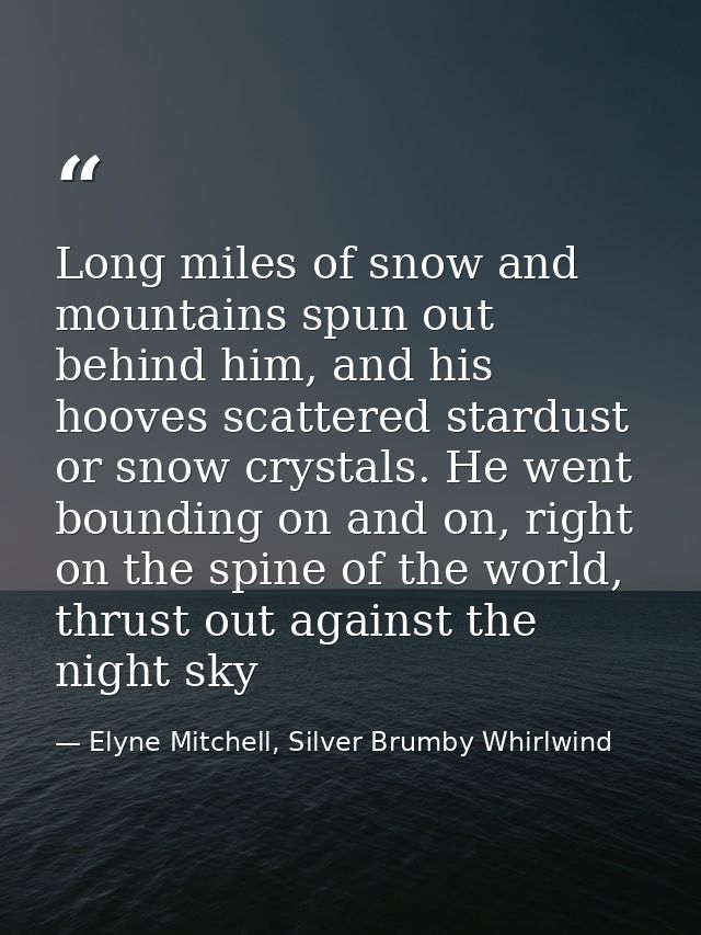 Long miles of snow and mountains spun out behind him, and his hooves scattered stardust or snow crystals. He went boundi — Elyne Mitchell, Silver Brumby Whirlwind