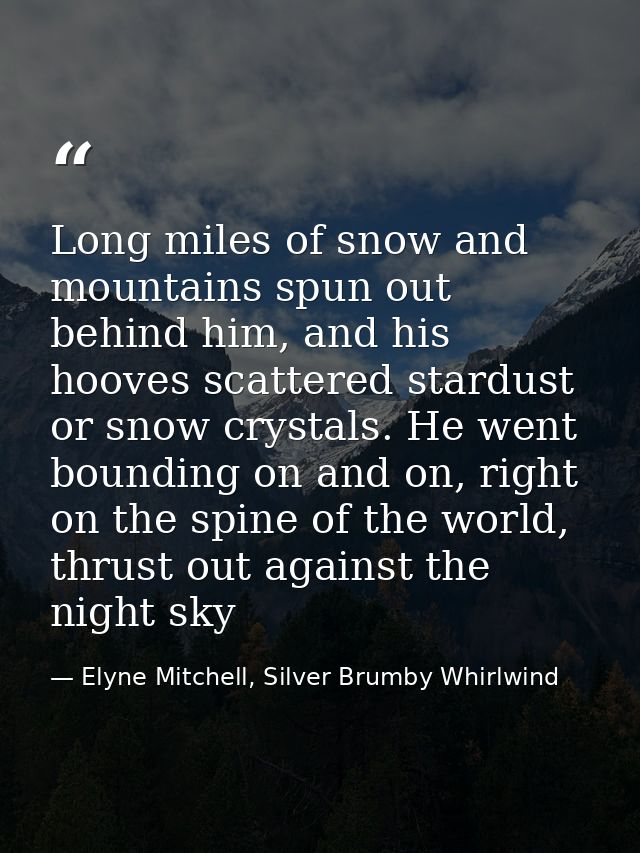 Long miles of snow and mountains spun out behind him, and his hooves scattered stardust or snow crystals. He went boundi — Elyne Mitchell, Silver Brumby Whirlwind