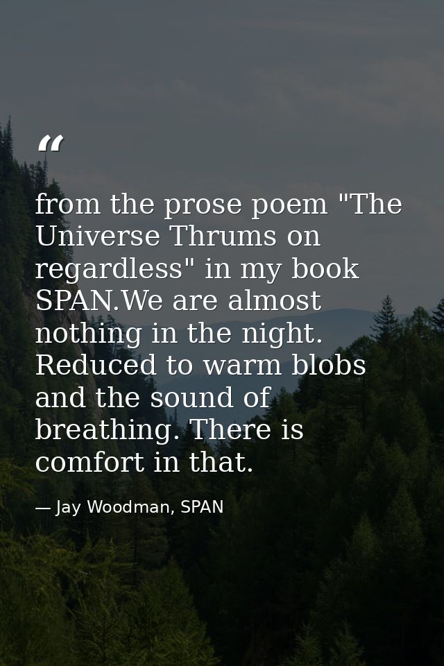 from the prose poem "The Universe Thrums on regardless" in my book SPAN.We are almost nothing in the night. Reduced to w — Jay Woodman, SPAN