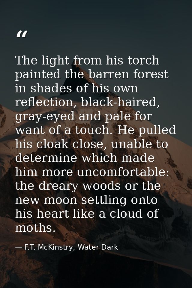 The light from his torch painted the barren forest in shades of his own reflection, black-haired, gray-eyed and pale for — F.T. McKinstry, Water Dark