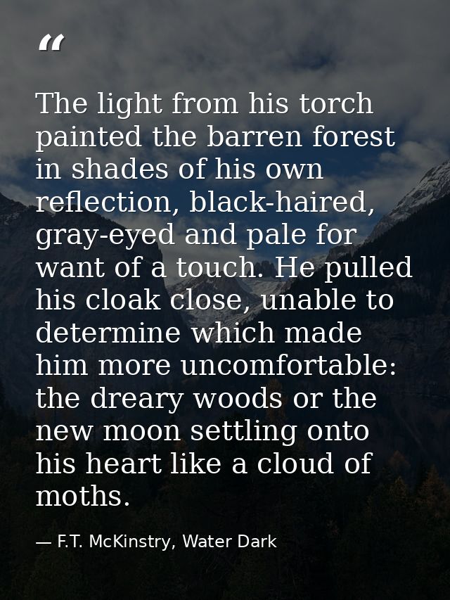 The light from his torch painted the barren forest in shades of his own reflection, black-haired, gray-eyed and pale for — F.T. McKinstry, Water Dark