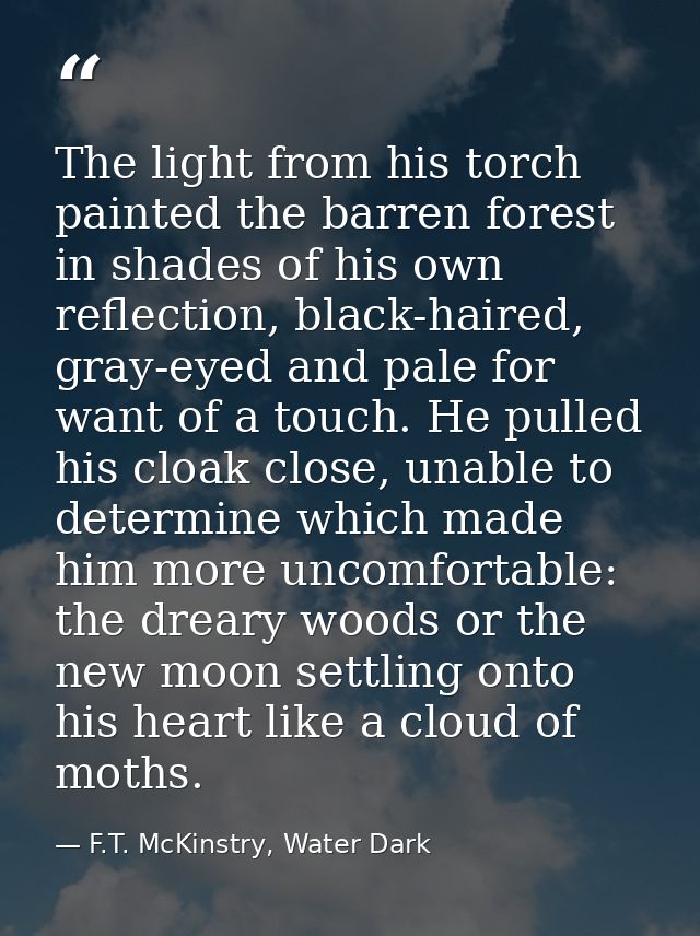 The light from his torch painted the barren forest in shades of his own reflection, black-haired, gray-eyed and pale for — F.T. McKinstry, Water Dark