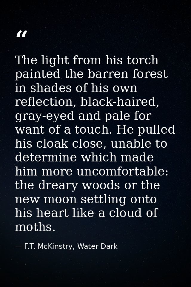 The light from his torch painted the barren forest in shades of his own reflection, black-haired, gray-eyed and pale for — F.T. McKinstry, Water Dark