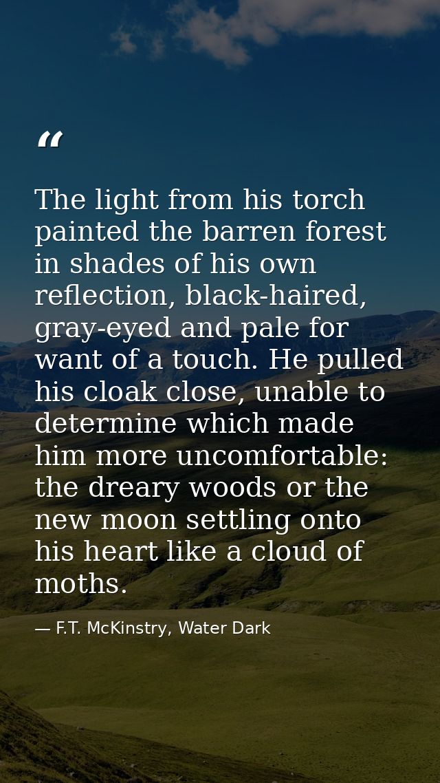 The light from his torch painted the barren forest in shades of his own reflection, black-haired, gray-eyed and pale for — F.T. McKinstry, Water Dark