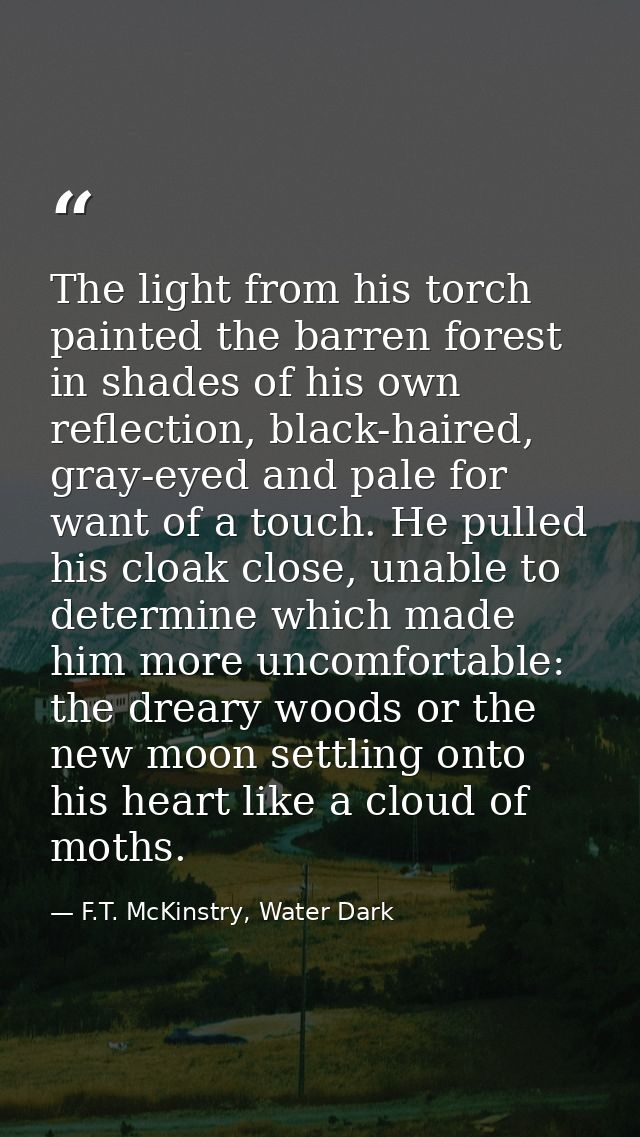 The light from his torch painted the barren forest in shades of his own reflection, black-haired, gray-eyed and pale for — F.T. McKinstry, Water Dark