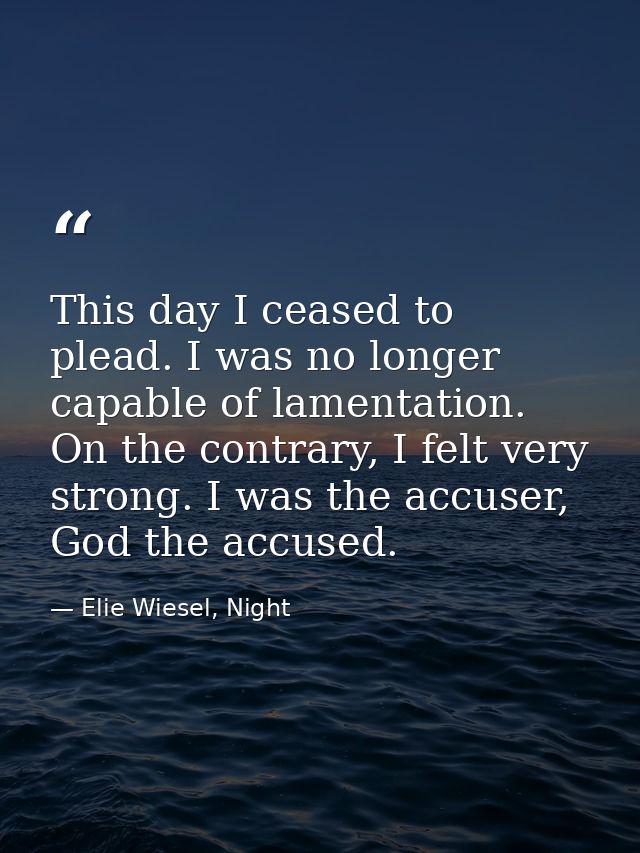 This day I ceased to plead. I was no longer capable of lamentation. On the contrary, I felt very strong. I was the accus — Elie Wiesel, Night