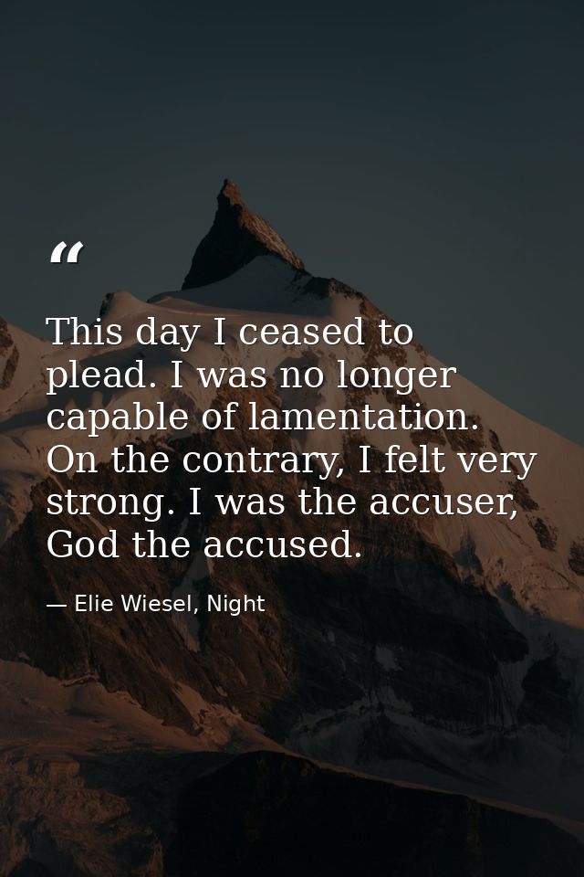 This day I ceased to plead. I was no longer capable of lamentation. On the contrary, I felt very strong. I was the accus — Elie Wiesel, Night