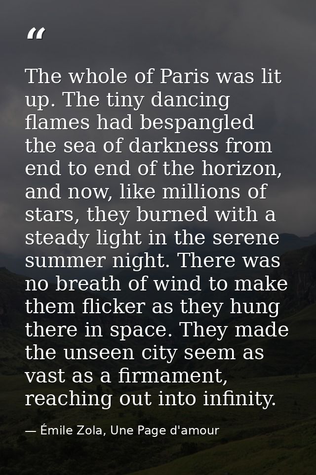 The whole of Paris was lit up. The tiny dancing flames had bespangled the sea of darkness from end to end of the horizon — Émile Zola, Une Page d'amour