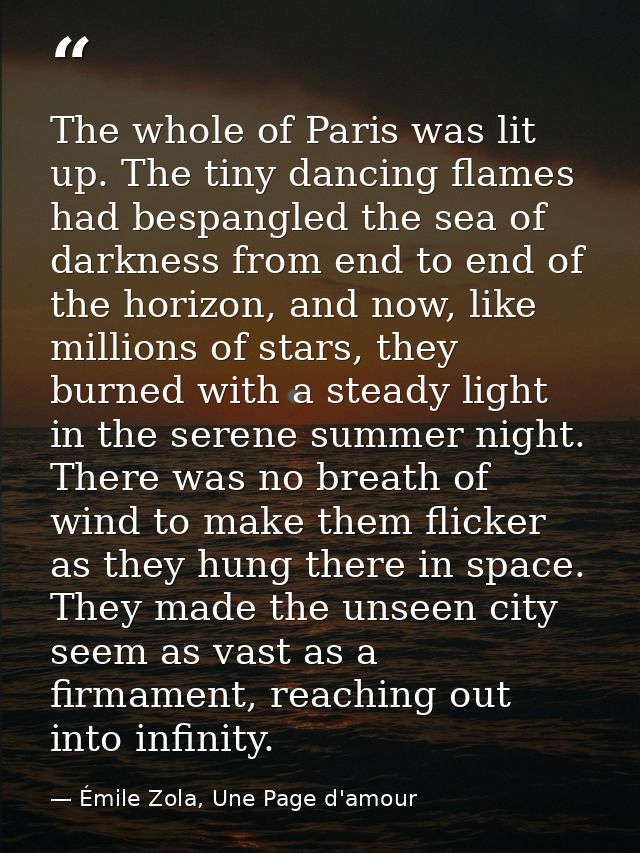 The whole of Paris was lit up. The tiny dancing flames had bespangled the sea of darkness from end to end of the horizon — Émile Zola, Une Page d'amour