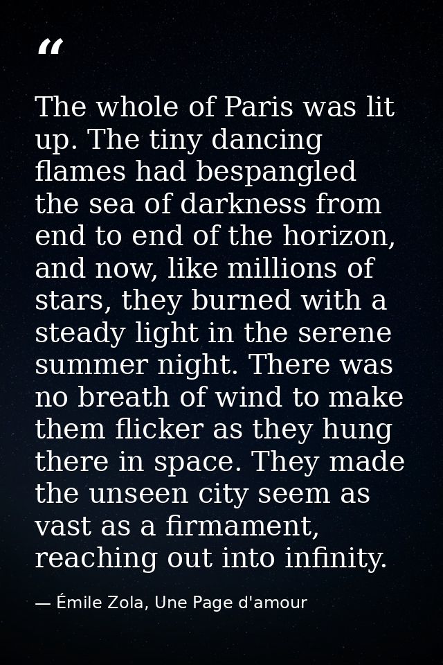 The whole of Paris was lit up. The tiny dancing flames had bespangled the sea of darkness from end to end of the horizon — Émile Zola, Une Page d'amour