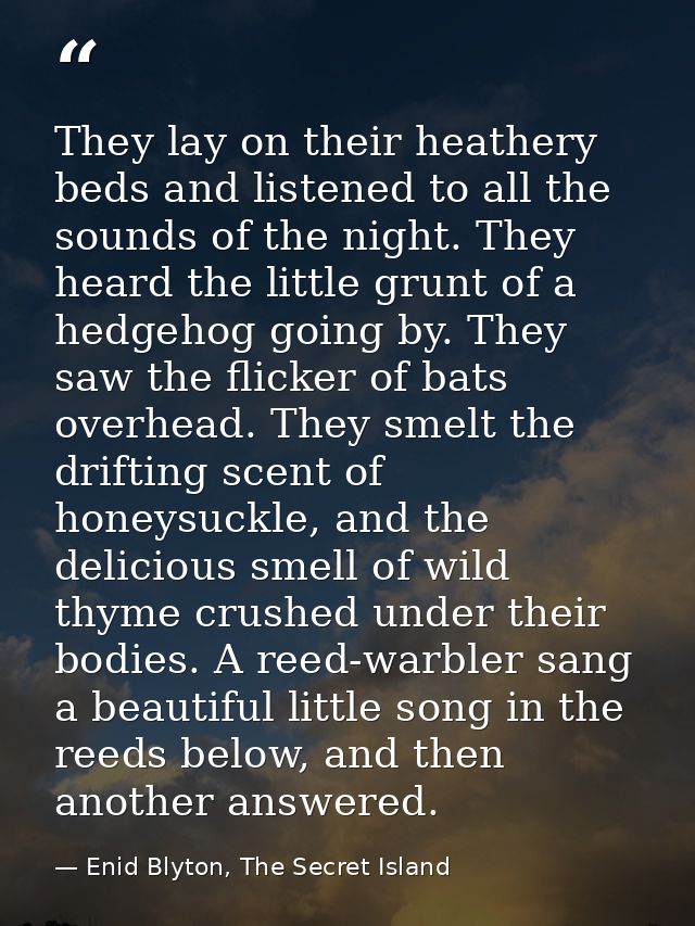 They lay on their heathery beds and listened to all the sounds of the night. They heard the little grunt of a hedgehog g — Enid Blyton, The Secret Island