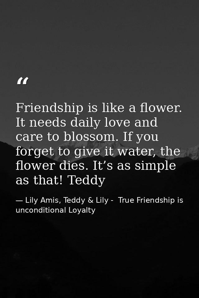 Friendship is like a flower. It needs daily love and care to blossom. If you forget to give it water, the flower dies. I — Lily Amis, Teddy & Lily -  True Friendship is unconditional Loyalty