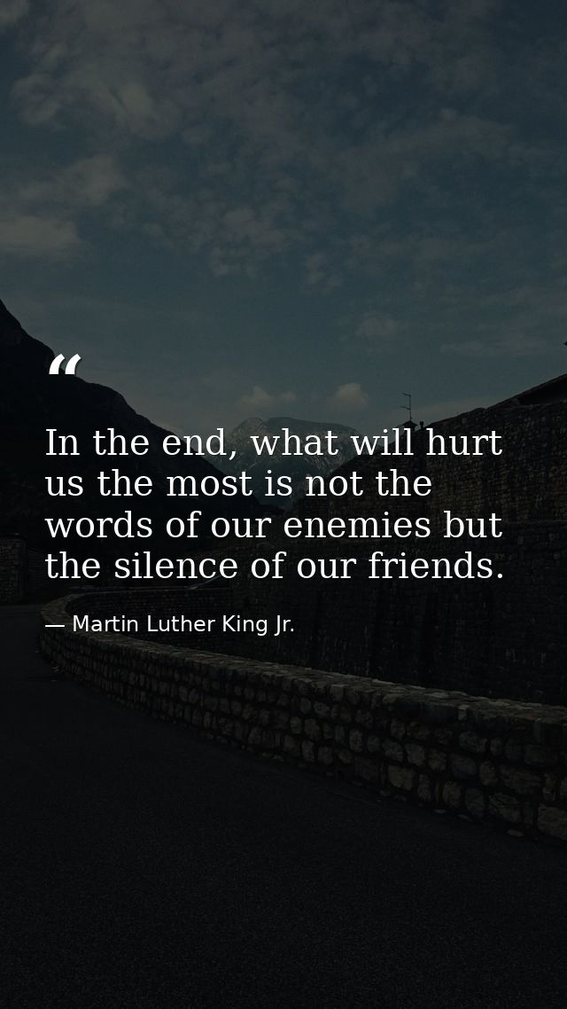In the end, what will hurt us the most is not the words of our enemies but the silence of our friends. — Martin Luther King Jr.