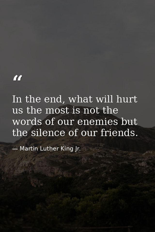 In the end, what will hurt us the most is not the words of our enemies but the silence of our friends. — Martin Luther King Jr.
