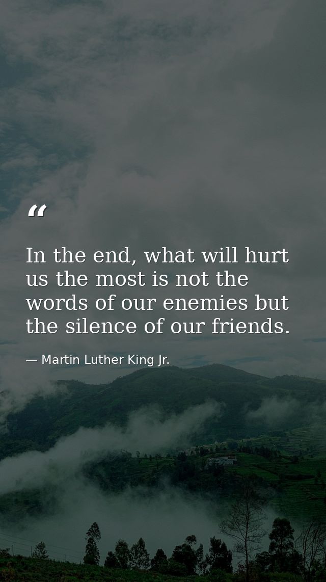 In the end, what will hurt us the most is not the words of our enemies but the silence of our friends. — Martin Luther King Jr.