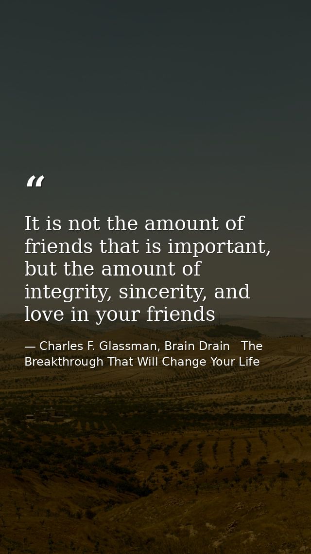 It is not the amount of friends that is important, but the amount of integrity, sincerity, and love in your friends — Charles F. Glassman, Brain Drain   The Breakthrough That Will Change Your Life