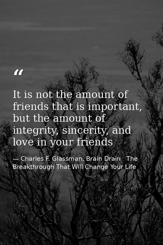 It is not the amount of friends that is important, but the amount of integrity, sincerity, and love in your friends — Charles F. Glassman, Brain Drain   The Breakthrough That Will Change Your Life