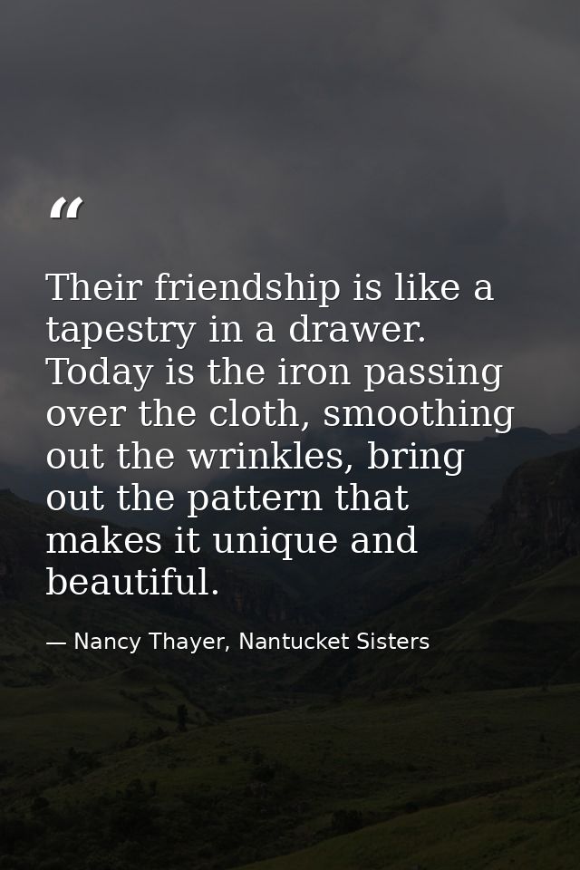 Their friendship is like a tapestry in a drawer. Today is the iron passing over the cloth, smoothing out the wrinkles, b — Nancy Thayer, Nantucket Sisters