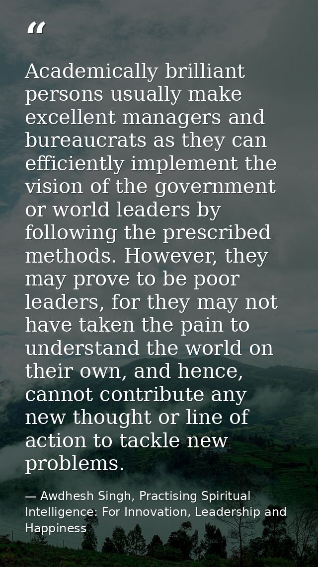 Academically brilliant persons usually make excellent managers and bureaucrats as they can efficiently implement the vis — Awdhesh Singh, Practising Spiritual Intelligence: For Innovation, Leadership and Happiness