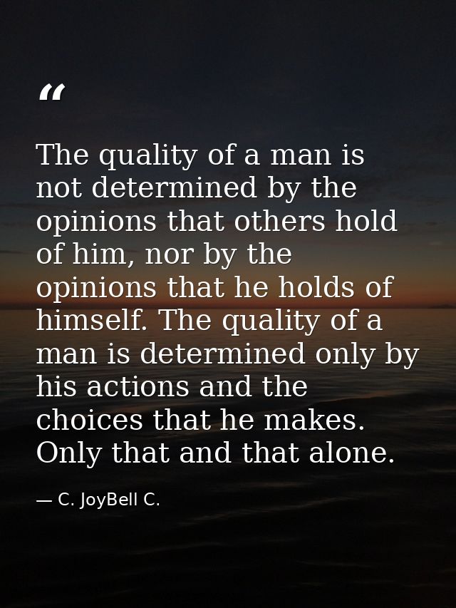 The quality of a man is not determined by the opinions that others hold of him, nor by the opinions that he holds of him — C. JoyBell C.
