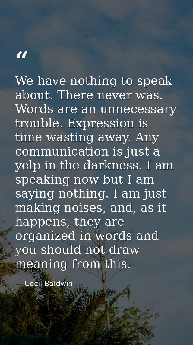 We have nothing to speak about. There never was. Words are an unnecessary trouble. Expression is time wasting away. Any  — Cecil Baldwin