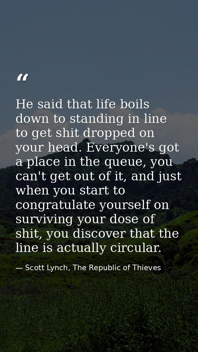 He said that life boils down to standing in line to get shit dropped on your head. Everyone's got a place in the queue,  — Scott Lynch, The Republic of Thieves