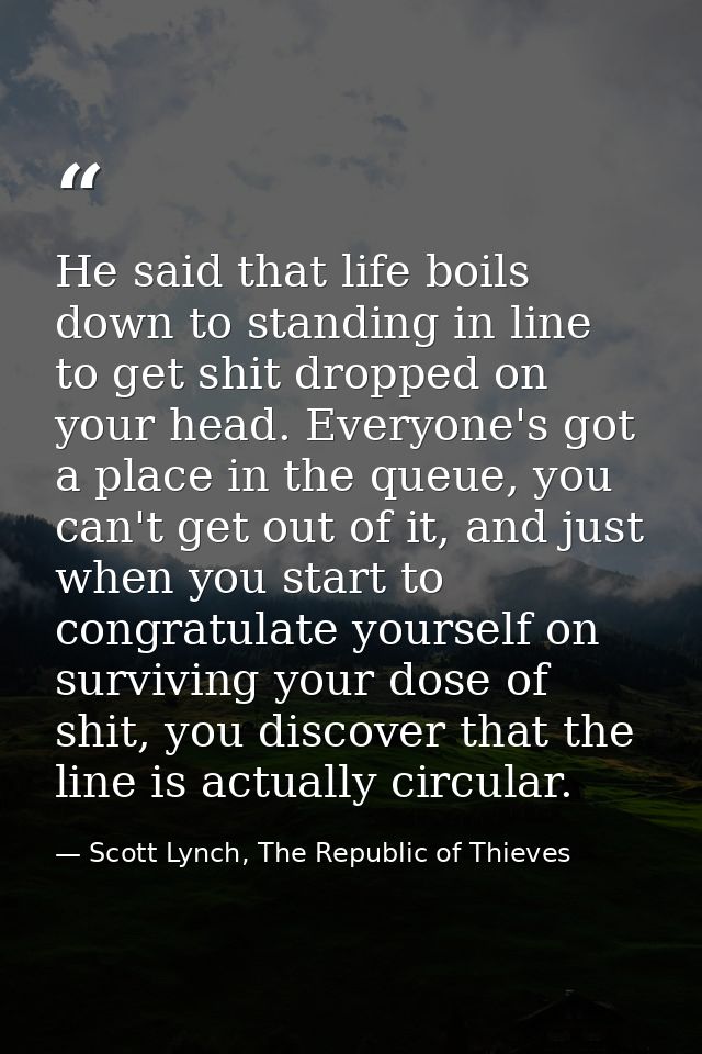 He said that life boils down to standing in line to get shit dropped on your head. Everyone's got a place in the queue,  — Scott Lynch, The Republic of Thieves