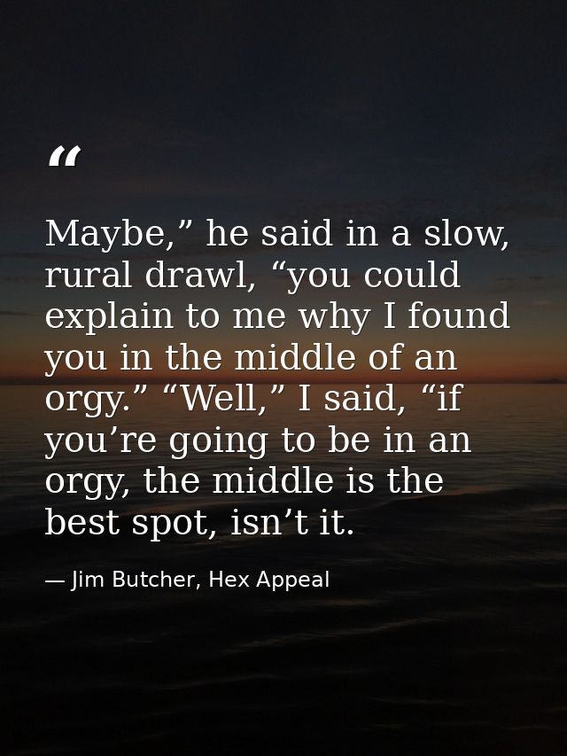 Maybe,” he said in a slow, rural drawl, “you could explain to me why I found you in the middle of an orgy.” “Well,” I sa — Jim Butcher, Hex Appeal