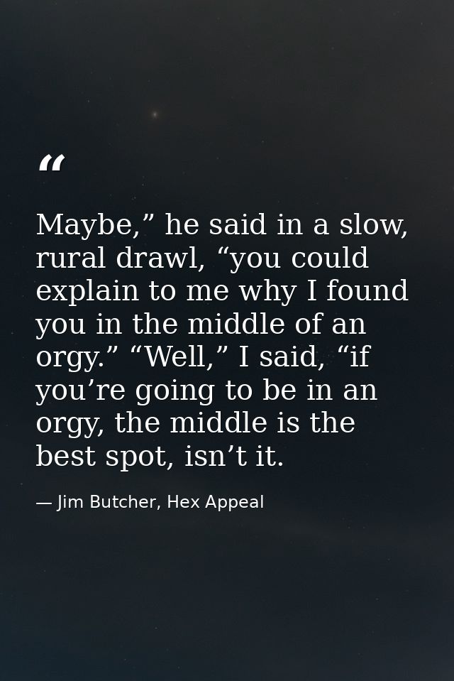 Maybe,” he said in a slow, rural drawl, “you could explain to me why I found you in the middle of an orgy.” “Well,” I sa — Jim Butcher, Hex Appeal