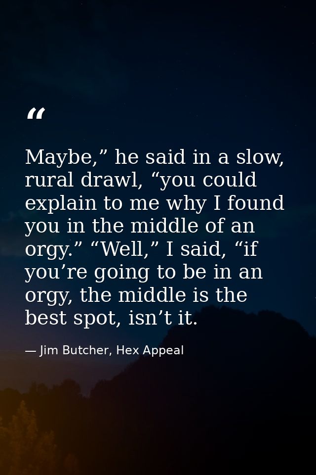 Maybe,” he said in a slow, rural drawl, “you could explain to me why I found you in the middle of an orgy.” “Well,” I sa — Jim Butcher, Hex Appeal