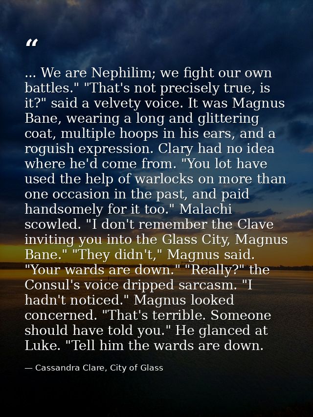 ... We are Nephilim; we fight our own battles." "That's not precisely true, is it?" said a velvety voice. It was Magnus  — Cassandra Clare, City of Glass