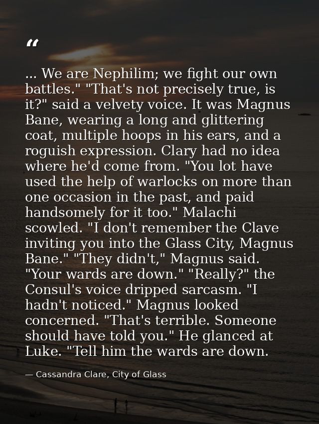 ... We are Nephilim; we fight our own battles." "That's not precisely true, is it?" said a velvety voice. It was Magnus  — Cassandra Clare, City of Glass
