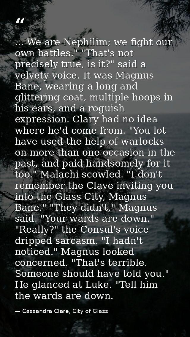... We are Nephilim; we fight our own battles." "That's not precisely true, is it?" said a velvety voice. It was Magnus  — Cassandra Clare, City of Glass