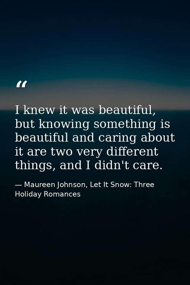 I knew it was beautiful, but knowing something is beautiful and caring about it are two very different things, and I did — Maureen Johnson, Let It Snow: Three Holiday Romances