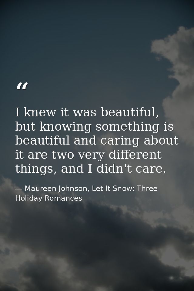 I knew it was beautiful, but knowing something is beautiful and caring about it are two very different things, and I did — Maureen Johnson, Let It Snow: Three Holiday Romances