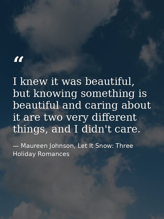 I knew it was beautiful, but knowing something is beautiful and caring about it are two very different things, and I did — Maureen Johnson, Let It Snow: Three Holiday Romances