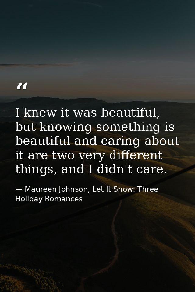 I knew it was beautiful, but knowing something is beautiful and caring about it are two very different things, and I did — Maureen Johnson, Let It Snow: Three Holiday Romances