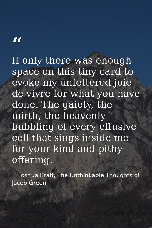 If only there was enough space on this tiny card to evoke my unfettered joie de vivre for what you have done. The gaiety — Joshua Braff, The Unthinkable Thoughts of Jacob Green