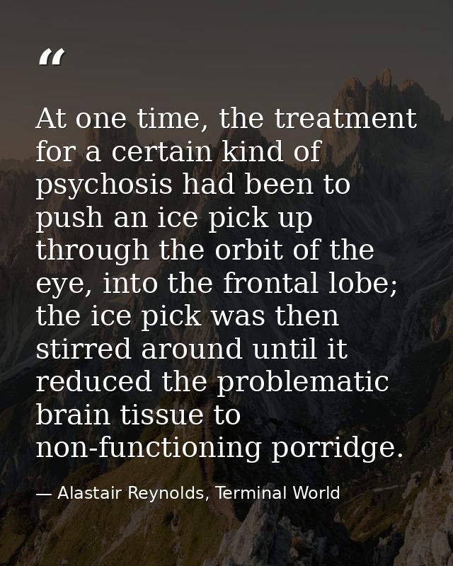 At one time, the treatment for a certain kind of psychosis had been to push an ice pick up through the orbit of the eye, — Alastair Reynolds, Terminal World