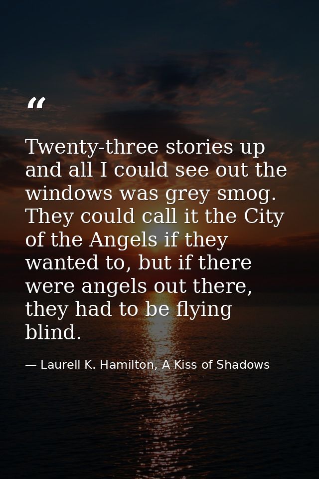 Twenty-three stories up and all I could see out the windows was grey smog. They could call it the City of the Angels if  — Laurell K. Hamilton, A Kiss of Shadows